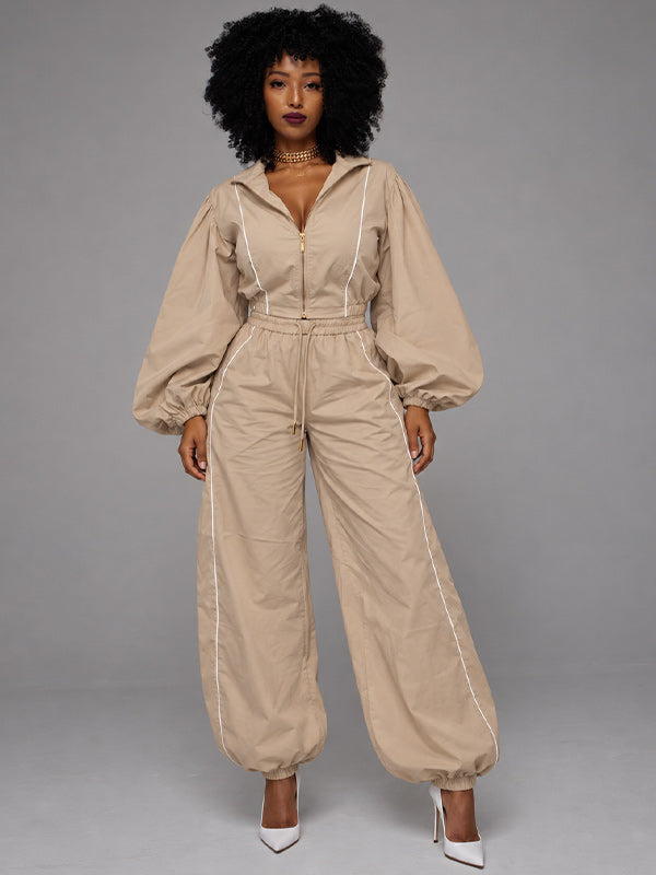 Stripe Puff-Sleeve Jacket & Pants Set