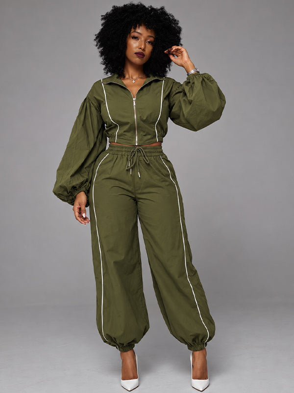 Stripe Puff-Sleeve Jacket & Pants Set