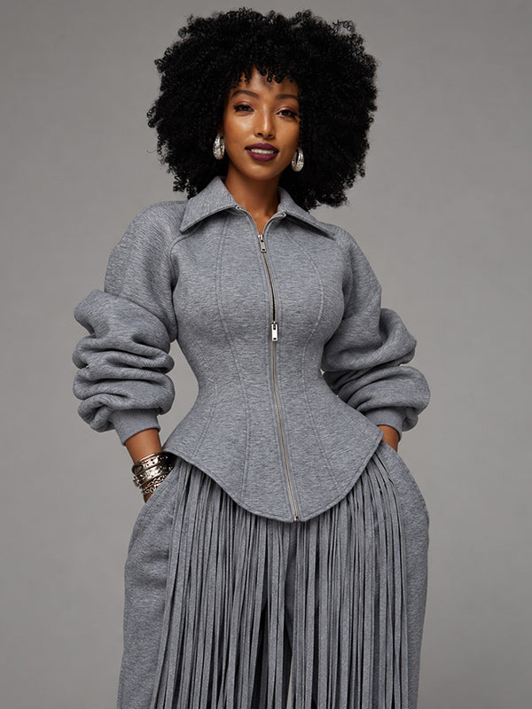 Solid Zip-Up Lapel Corset Sweatshirt