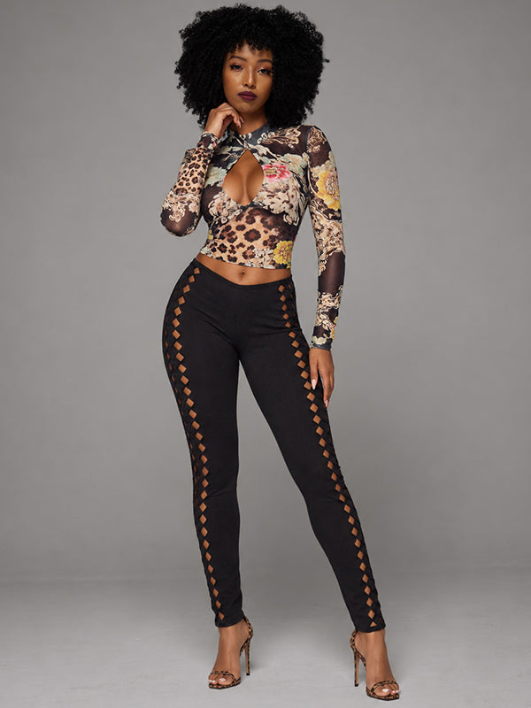 Printed Cutout Sheer Top