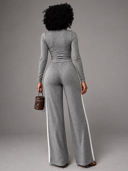 Solid Top & Striped Pants Set