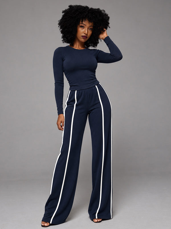 Solid Top & Striped Pants Set