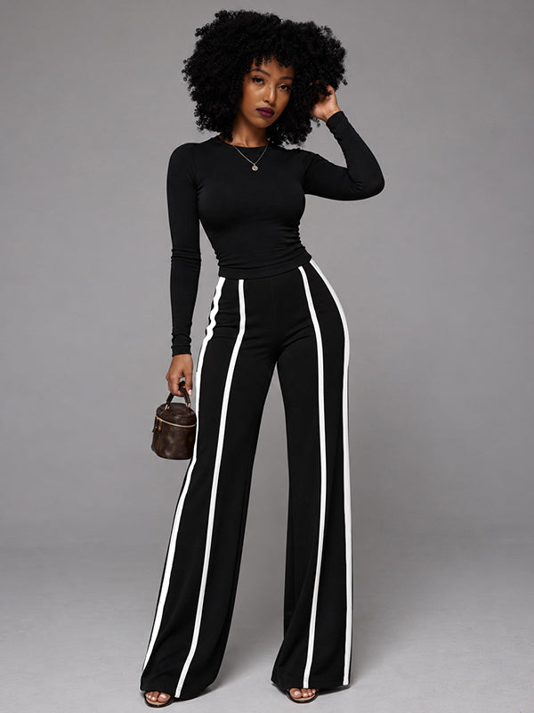 Solid Top & Striped Pants Set