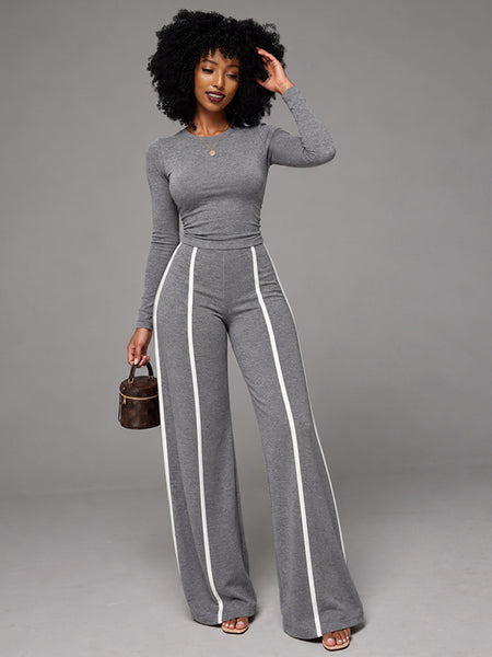 Solid Top & Striped Pants Set