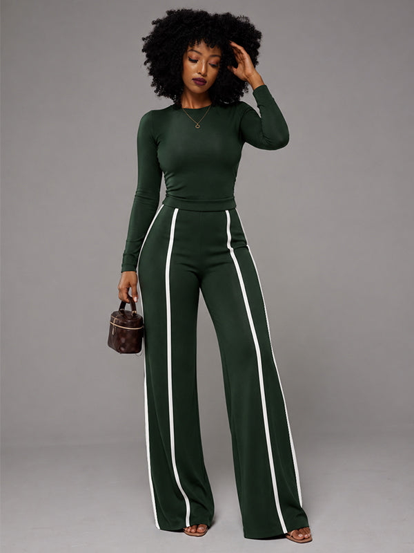 Solid Top & Striped Pants Set
