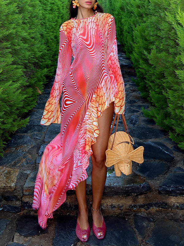 Printed Ruffle Slit Dress