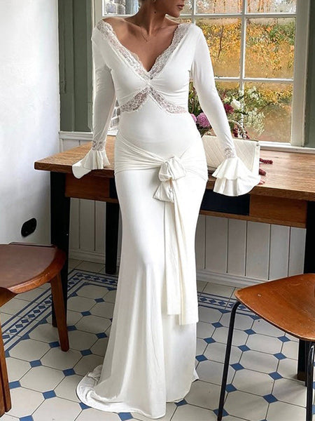 Lace-Combo V-Neck Maxi Dress