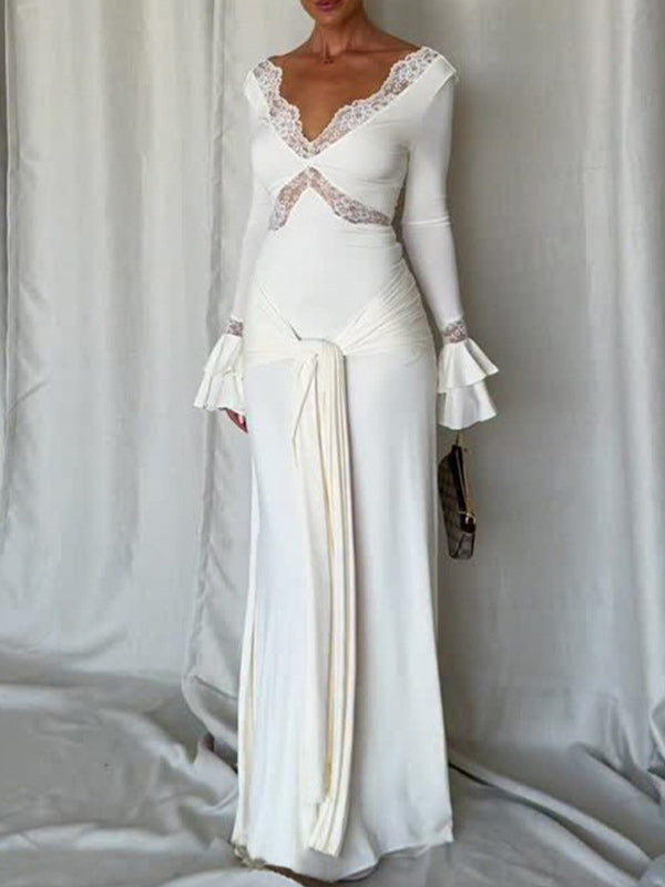Lace-Combo V-Neck Maxi Dress
