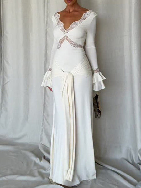 Lace-Combo V-Neck Maxi Dress