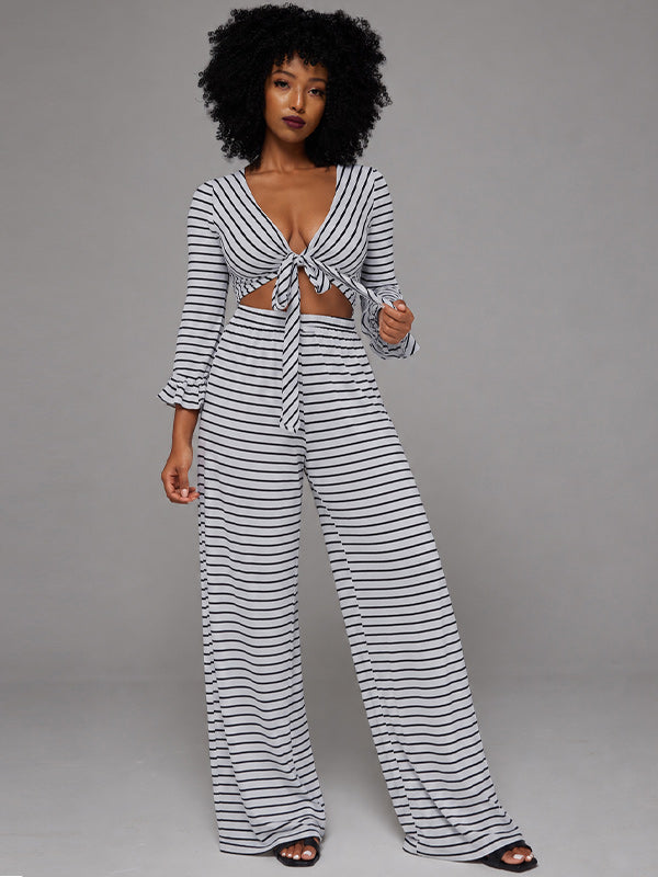 Stripe V-Neck Tied Top & Pants Set