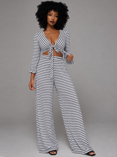 Stripe V-Neck Tied Top & Pants Set