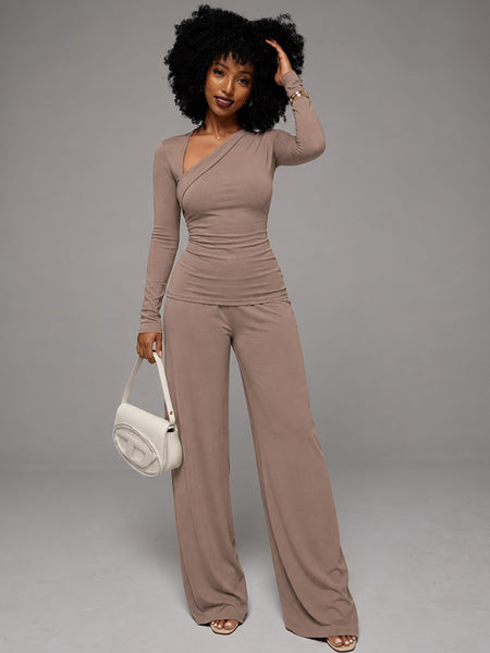 Asymmetric-Neck Top & Pants Set