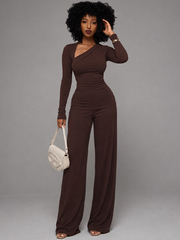 Asymmetric-Neck Top & Pants Set
