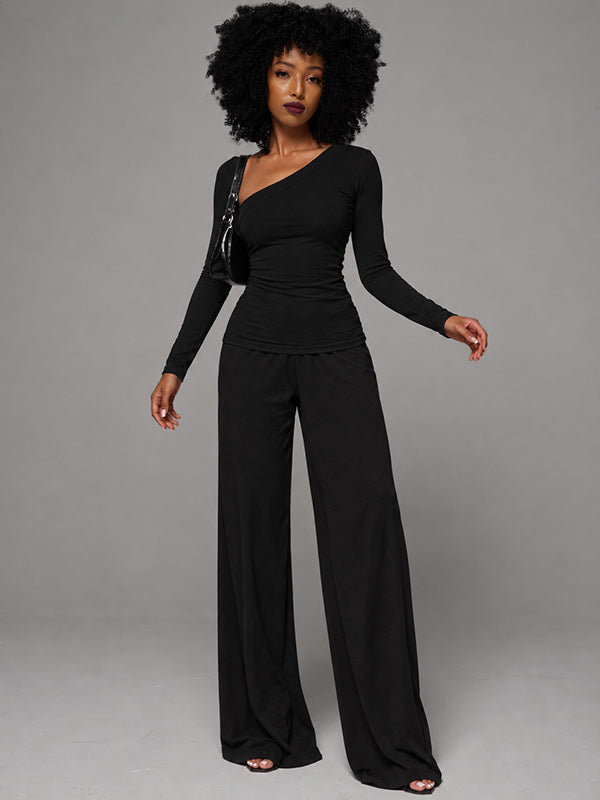 Asymmetric-Neck Top & Pants Set