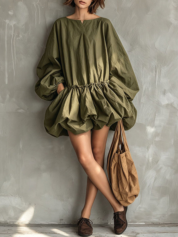 Puff-Sleeve Bubble-Hem Dress
