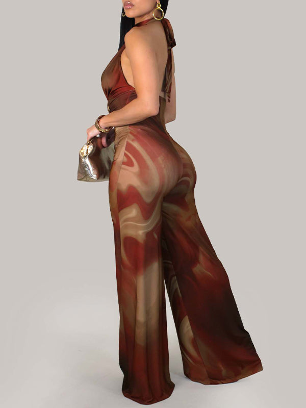 Printed Ruched Wide-Leg Halter Jumpsuit