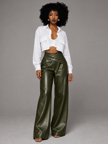 Cross-Waist Faux-Leather Pants