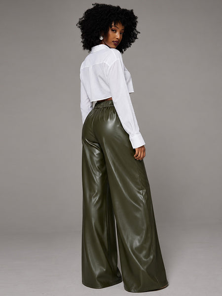 Cross-Waist Faux-Leather Pants