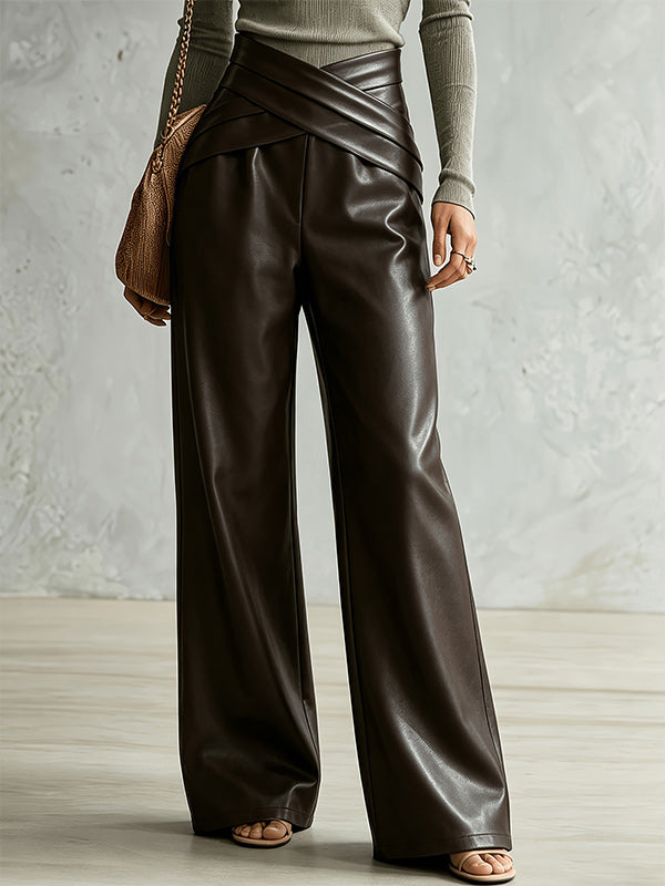 Cross-Waist Faux-Leather Pants