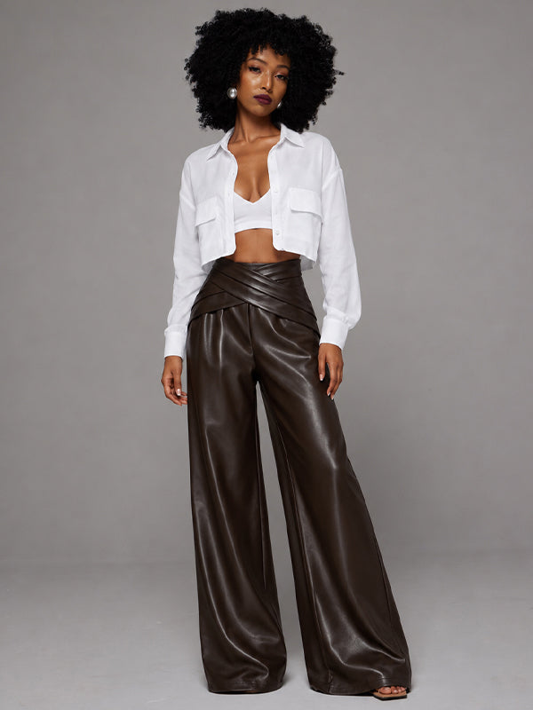 Cross-Waist Faux-Leather Pants