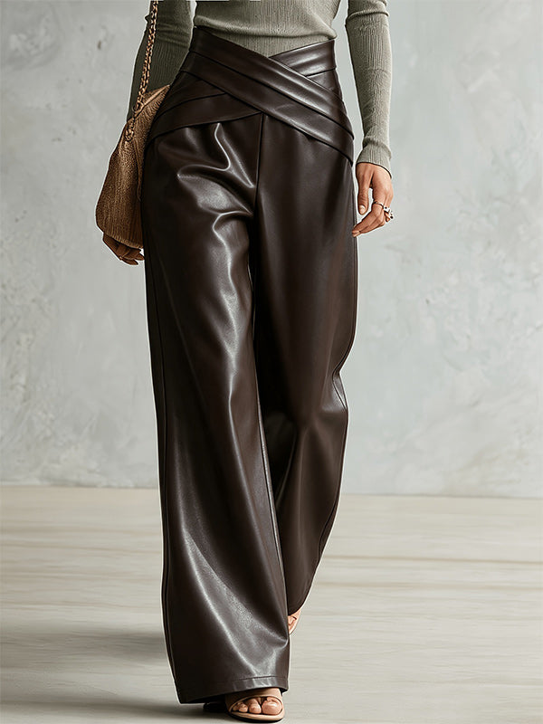 Cross-Waist Faux-Leather Pants