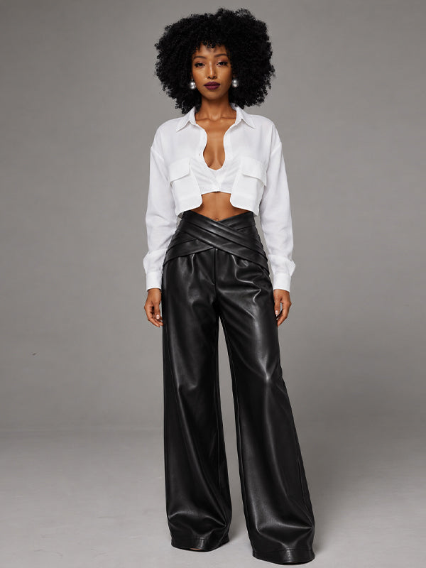Cross-Waist Faux-Leather Pants