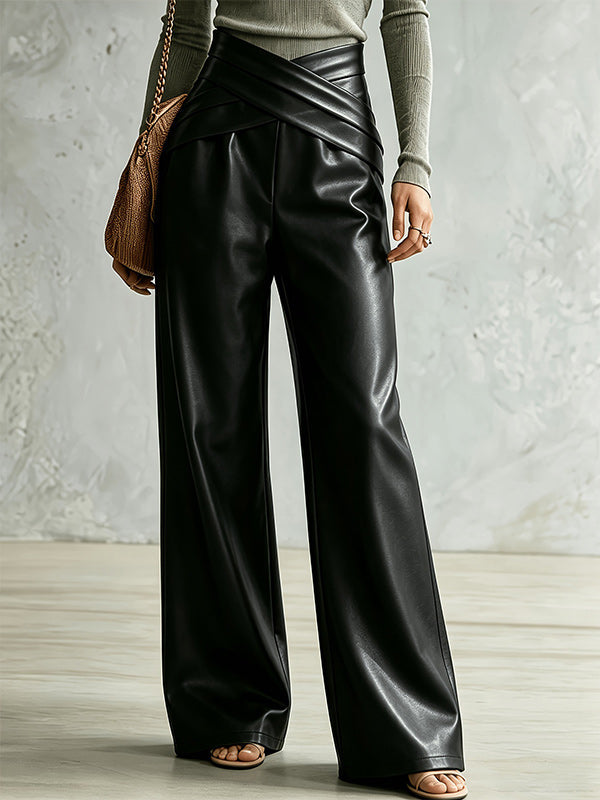Cross-Waist Faux-Leather Pants