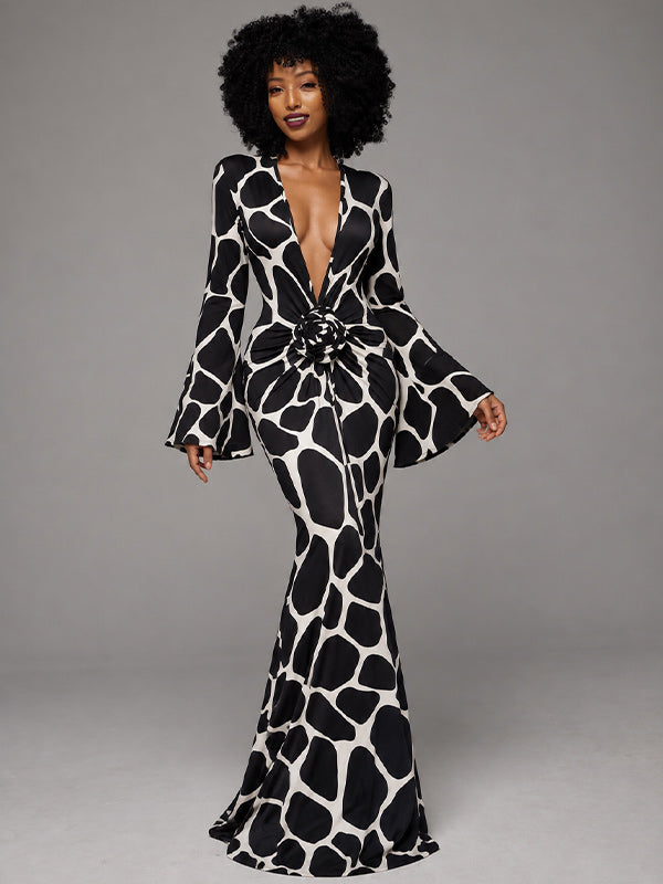 3D-Floral V-Neck Maxi Dress