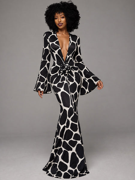 3D-Floral V-Neck Maxi Dress