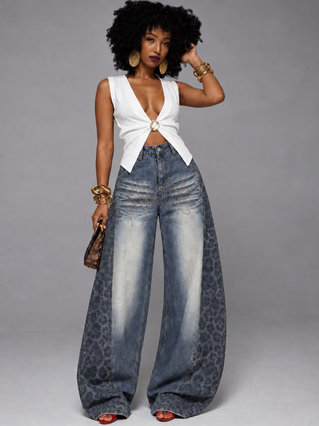 Leopard-Combo Wide-Leg Jeans