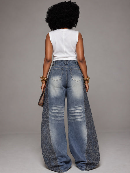Leopard-Combo Wide-Leg Jeans