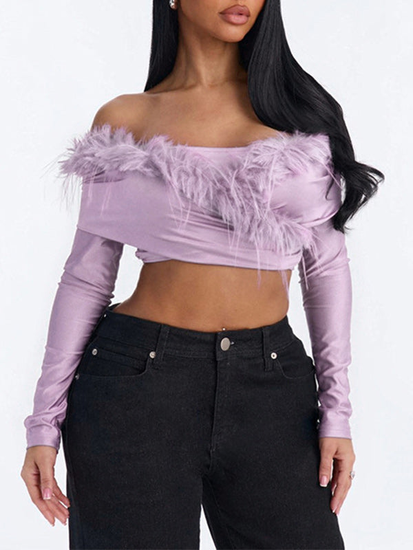 Faux-Fur Combo Off-Shoulder Crop Top