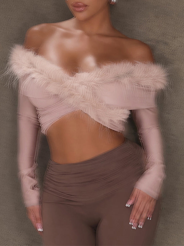 Faux-Fur Combo Off-Shoulder Crop Top