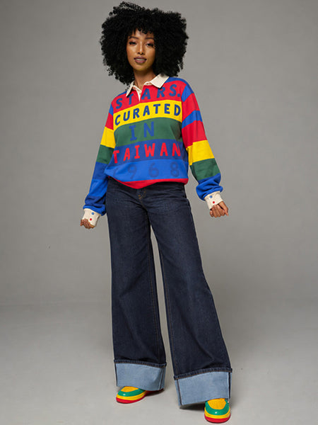 Letter-Print Stripe Polo Top