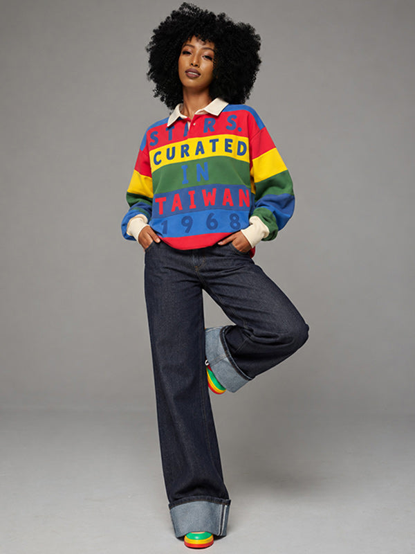 Letter-Print Stripe Polo Top