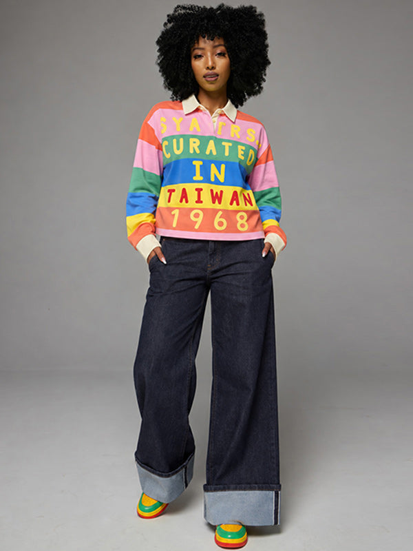 Letter-Print Stripe Polo Top