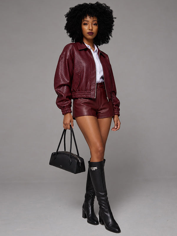 Faux-Leather Zip-Front Jacket & Shorts Set