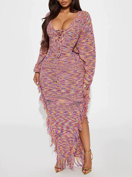 V-Neck Fringe Knit Dress