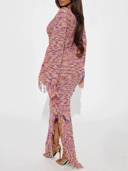 V-Neck Fringe Knit Dress