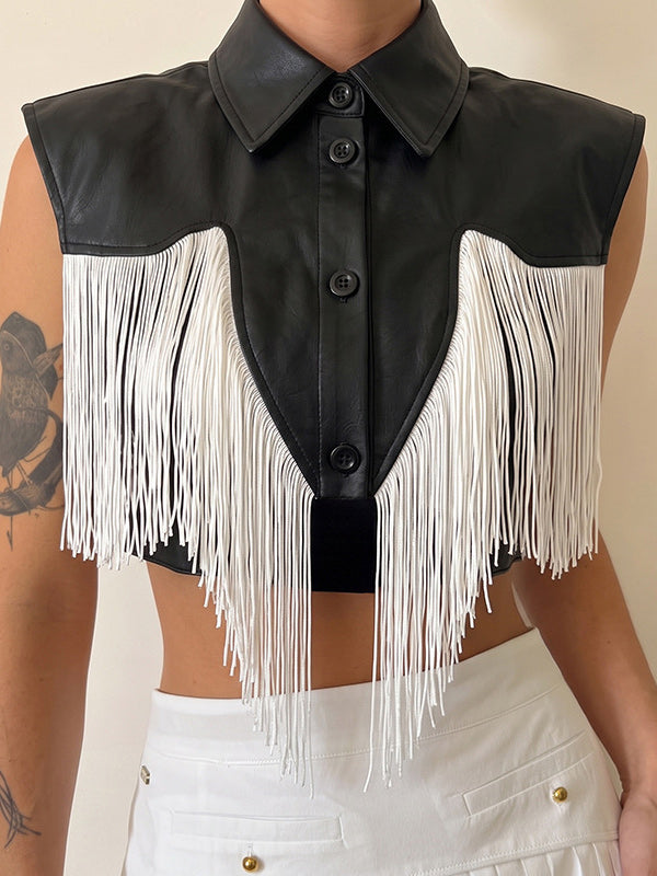 Fringe-Combo Faux-Leather Top