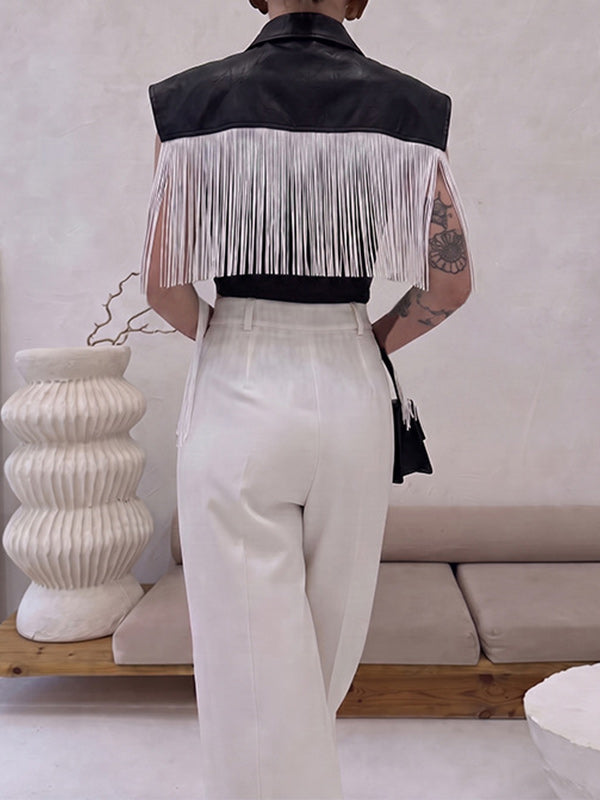 Fringe-Combo Faux-Leather Top