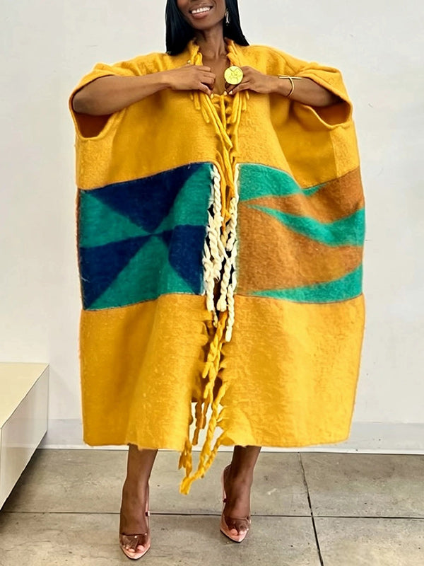 Artistic Colorblock Tassel Poncho Coat