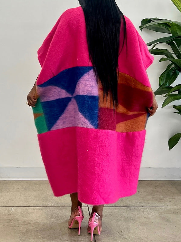 Artistic Colorblock Tassel Poncho Coat