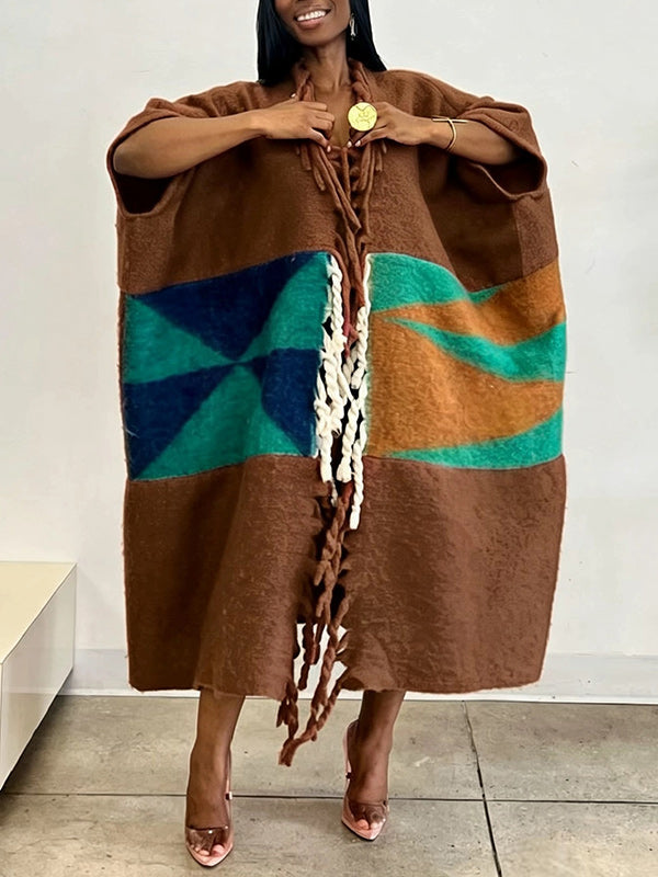 Artistic Colorblock Tassel Poncho Coat
