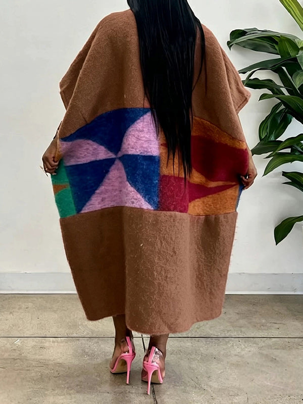 Artistic Colorblock Tassel Poncho Coat