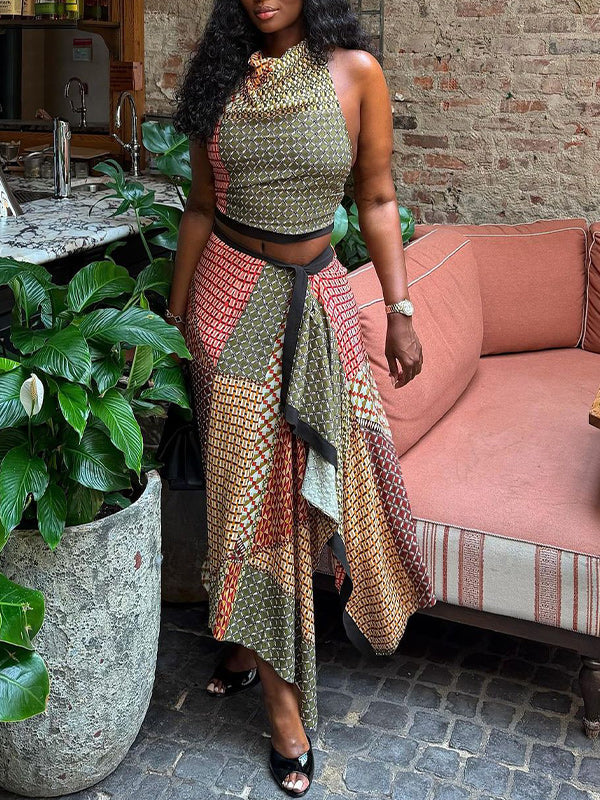 Printed Halter Top & Asymmetric Skirt Set