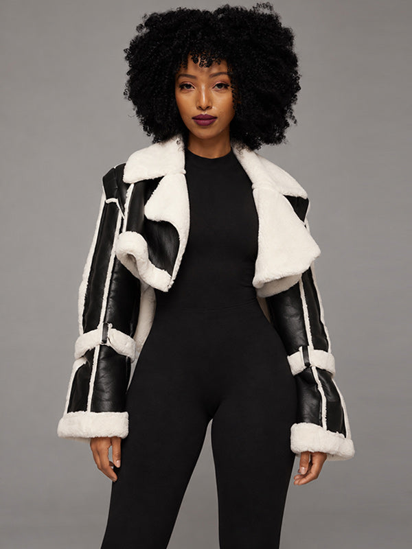 Faux-Leather Cropped Shearling Jacket