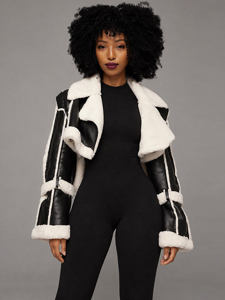 Faux-Leather Cropped Shearling Jacket