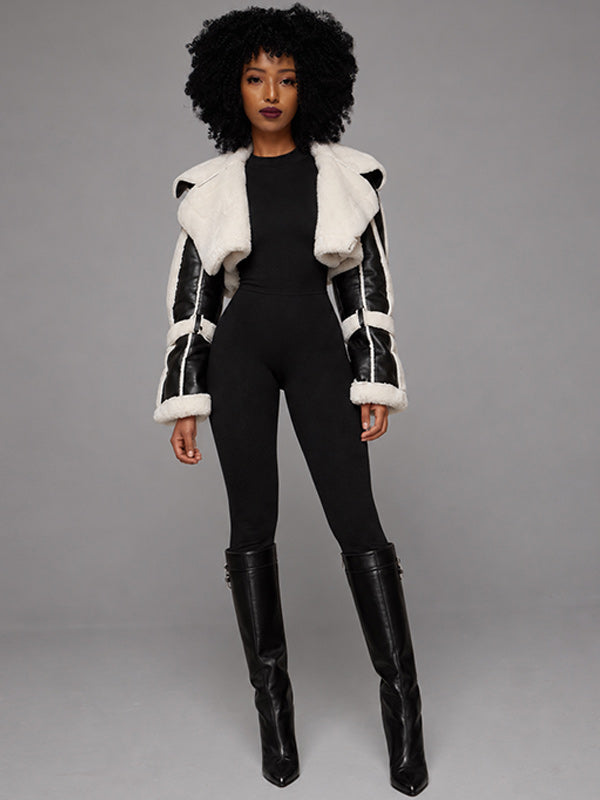 Faux-Leather Cropped Shearling Jacket