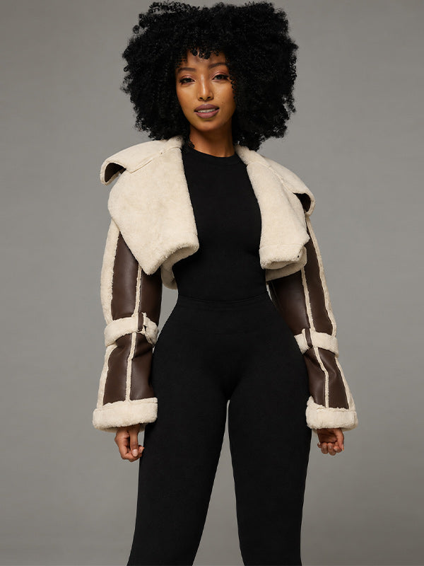 Faux-Leather Cropped Shearling Jacket